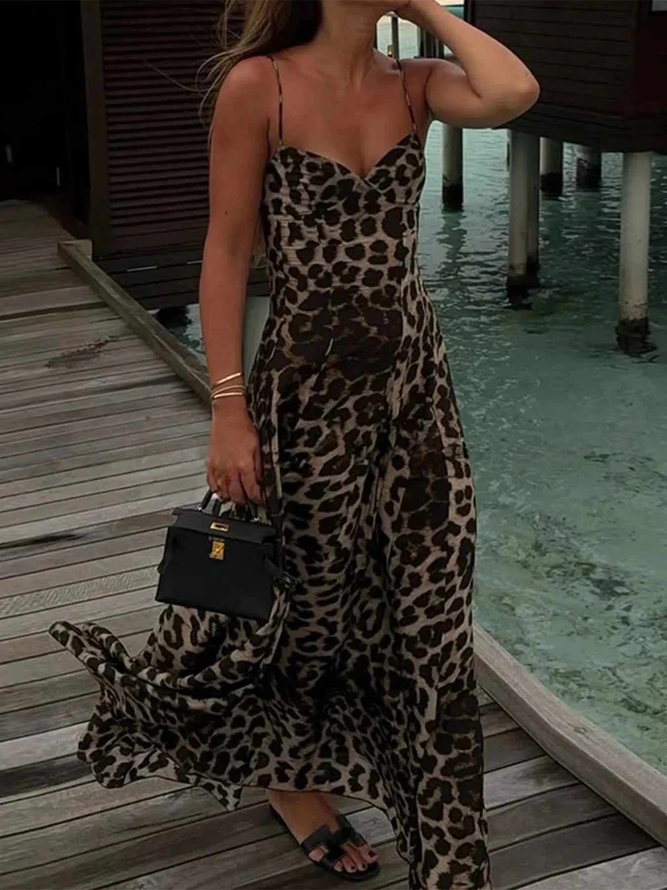 Leopard Print Sweetheart Neck Maxi Cami Dress