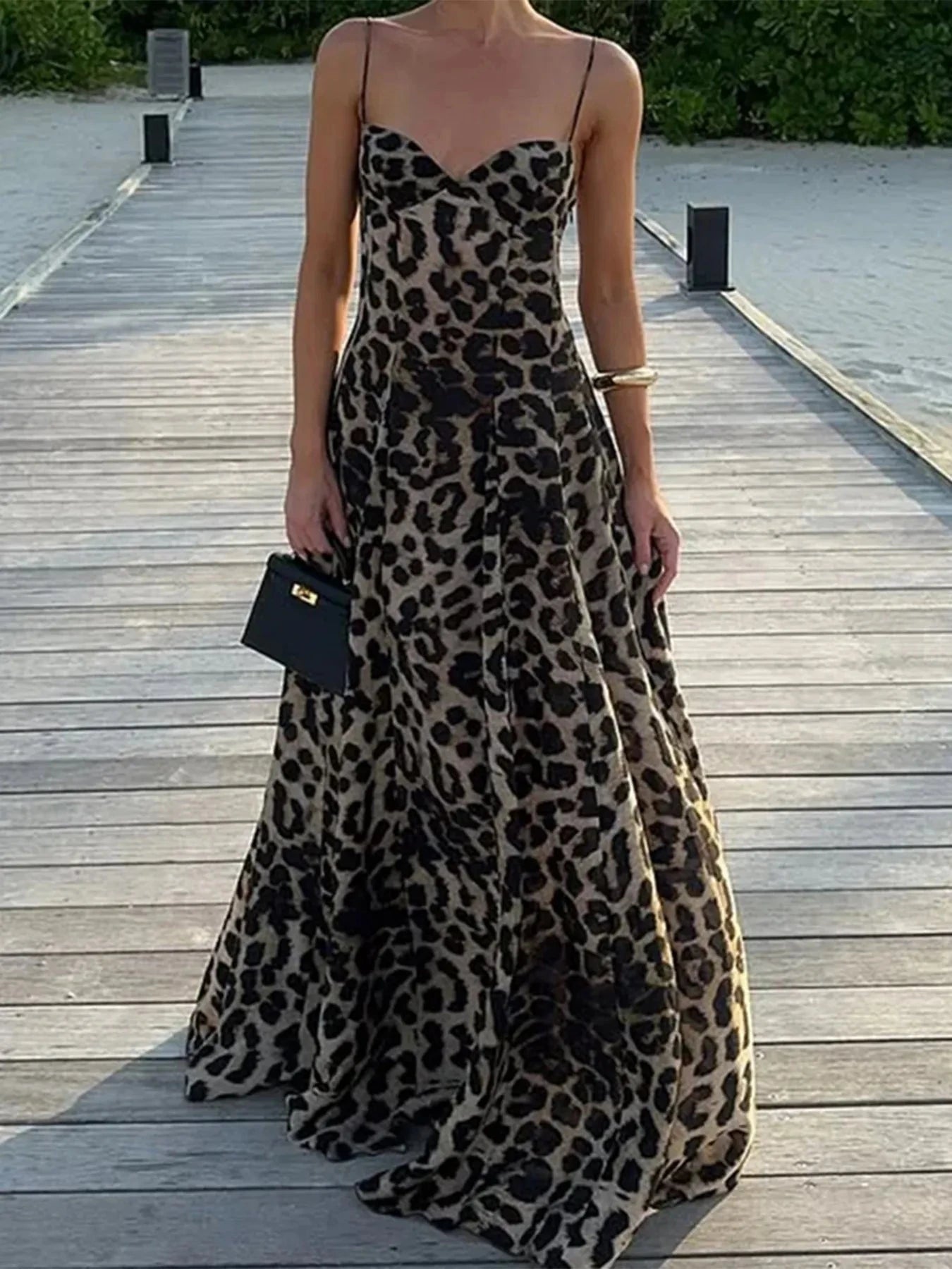 Leopard Print Sweetheart Neck Maxi Cami Dress