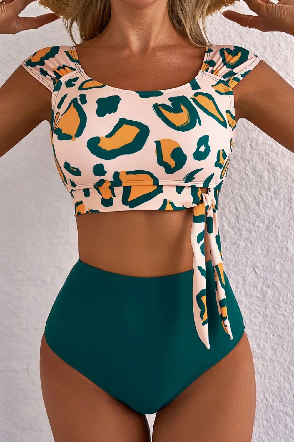 Leopard Print U Neck Knotted High Waist Bikini Set