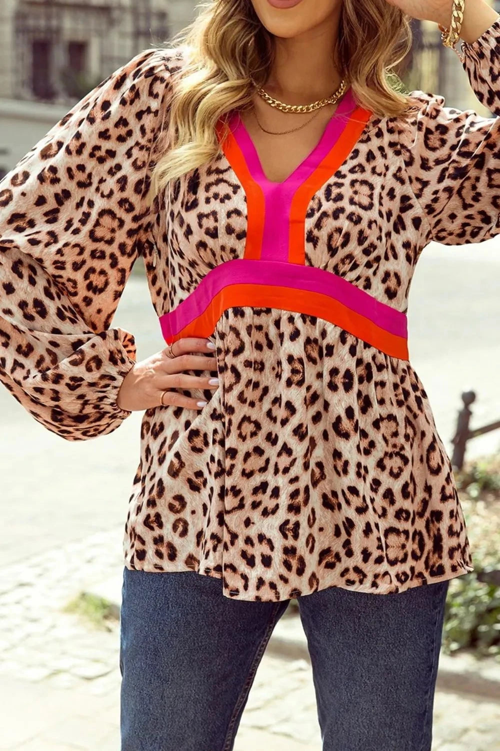 Leopard Print V-Neck Blouse with Contrast Trim Leopard / S