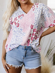 Leopard Print V-Neck Casual Blouse Dusty Pink / S