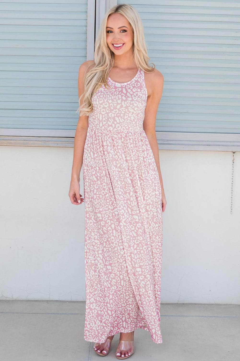 Leopard Round Neck Sleeveless Maxi Dress Blush Pink / S