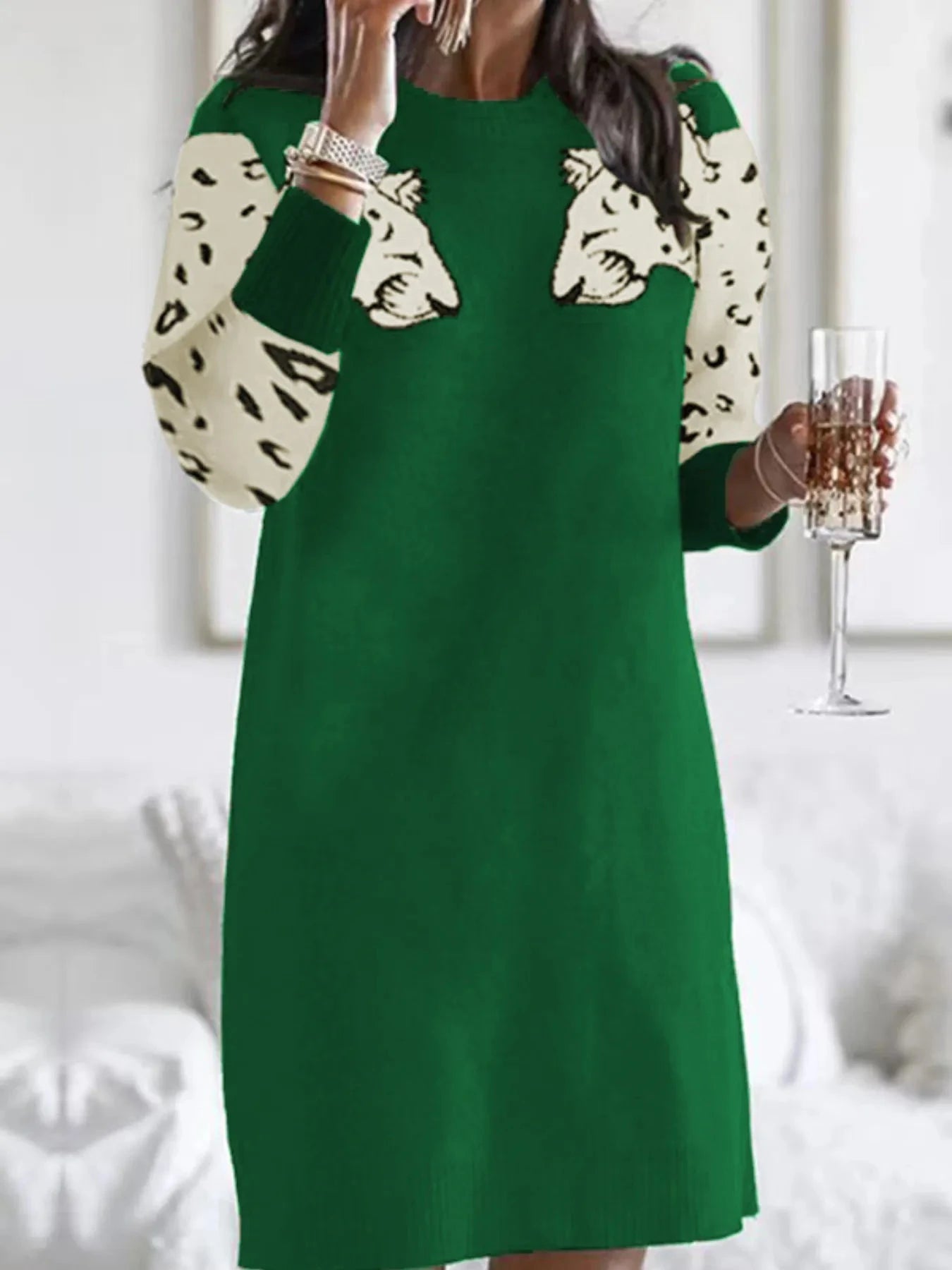 Leopard Round Neck Sweater Dress Dark Green / S