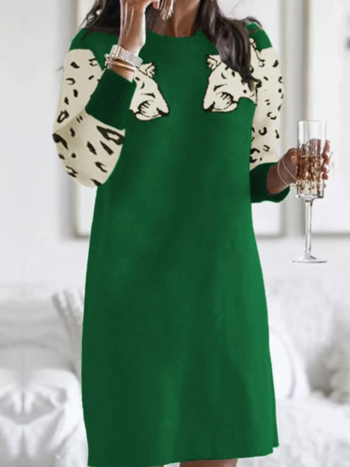 Leopard Round Neck Sweater Dress Dark Green / S