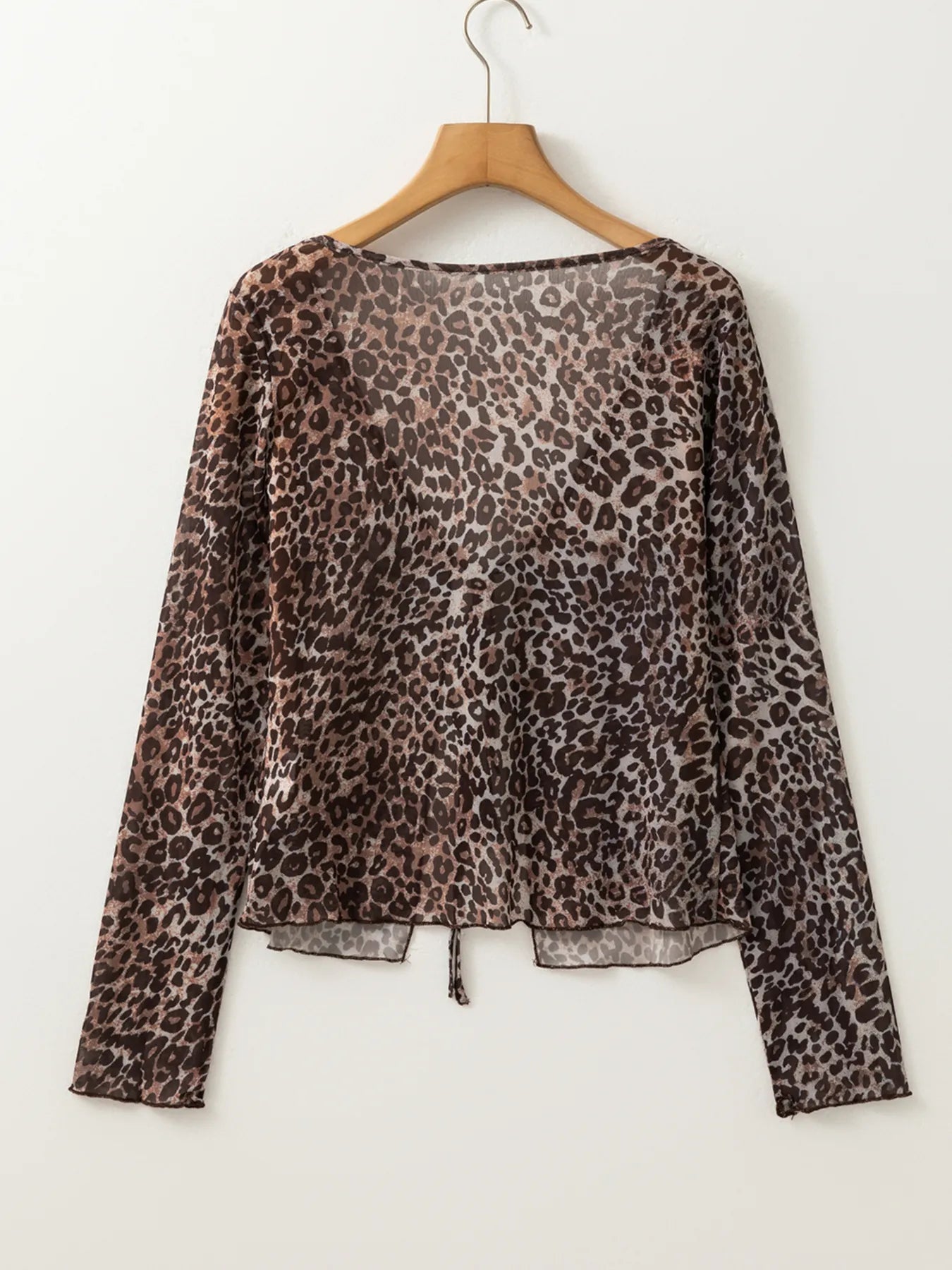 Leopard Sheer Mesh Long Sleeve V Neck Lace-Up Blouse
