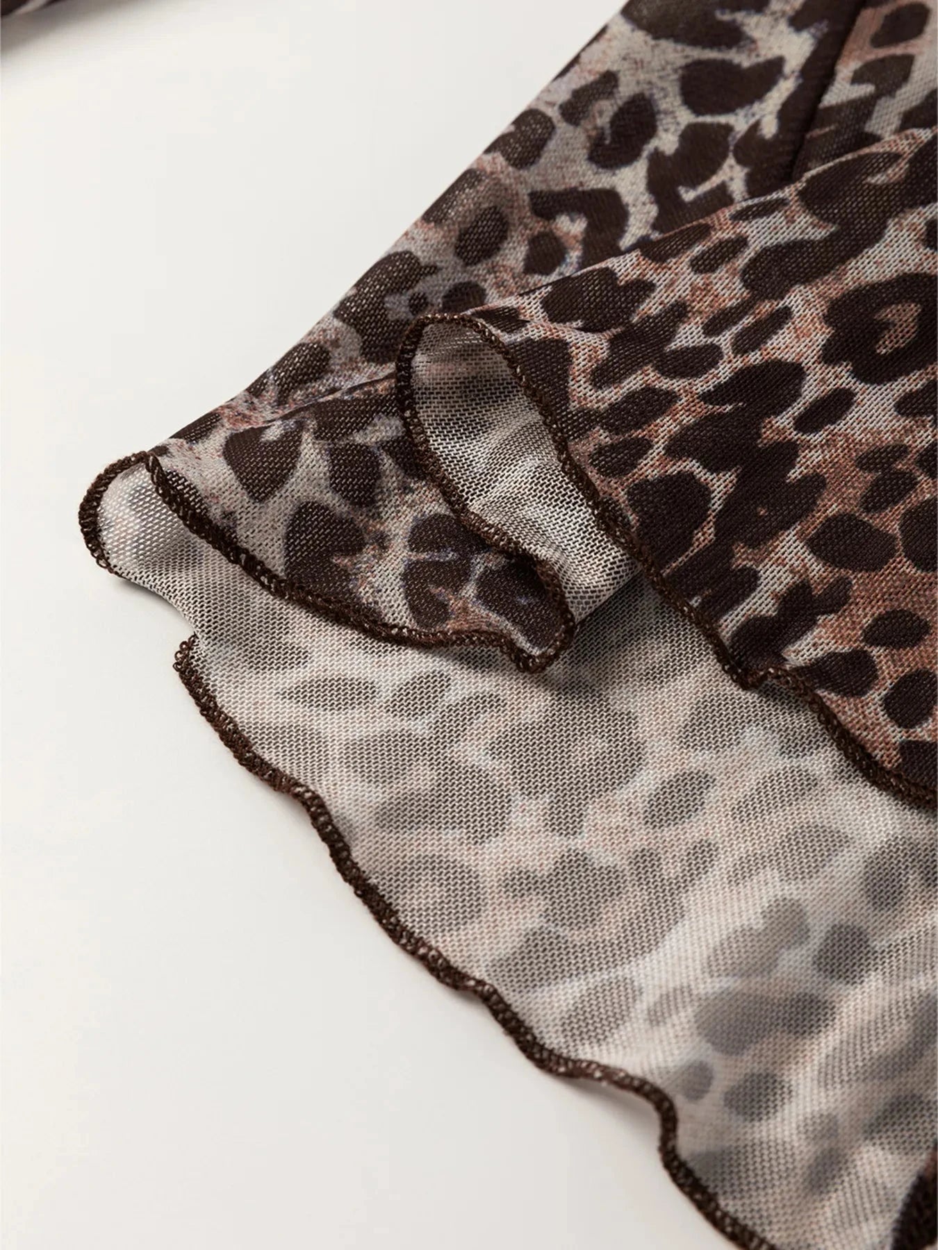 Leopard Sheer Mesh Long Sleeve V Neck Lace-Up Blouse