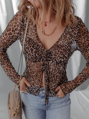 Leopard Sheer Mesh Long Sleeve V Neck Lace-Up Blouse
