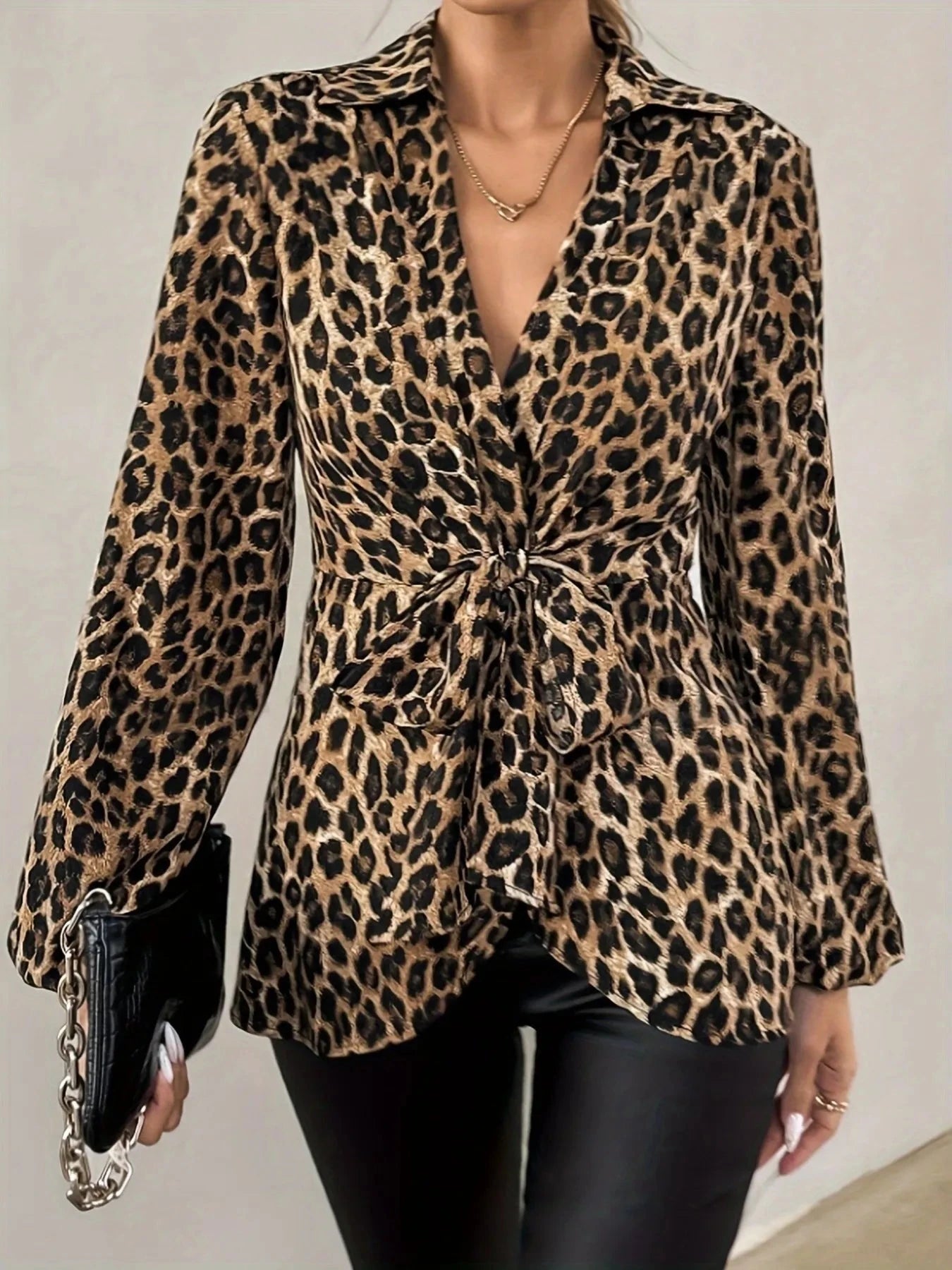 Leopard Tie Front Long Sleeve Blouse