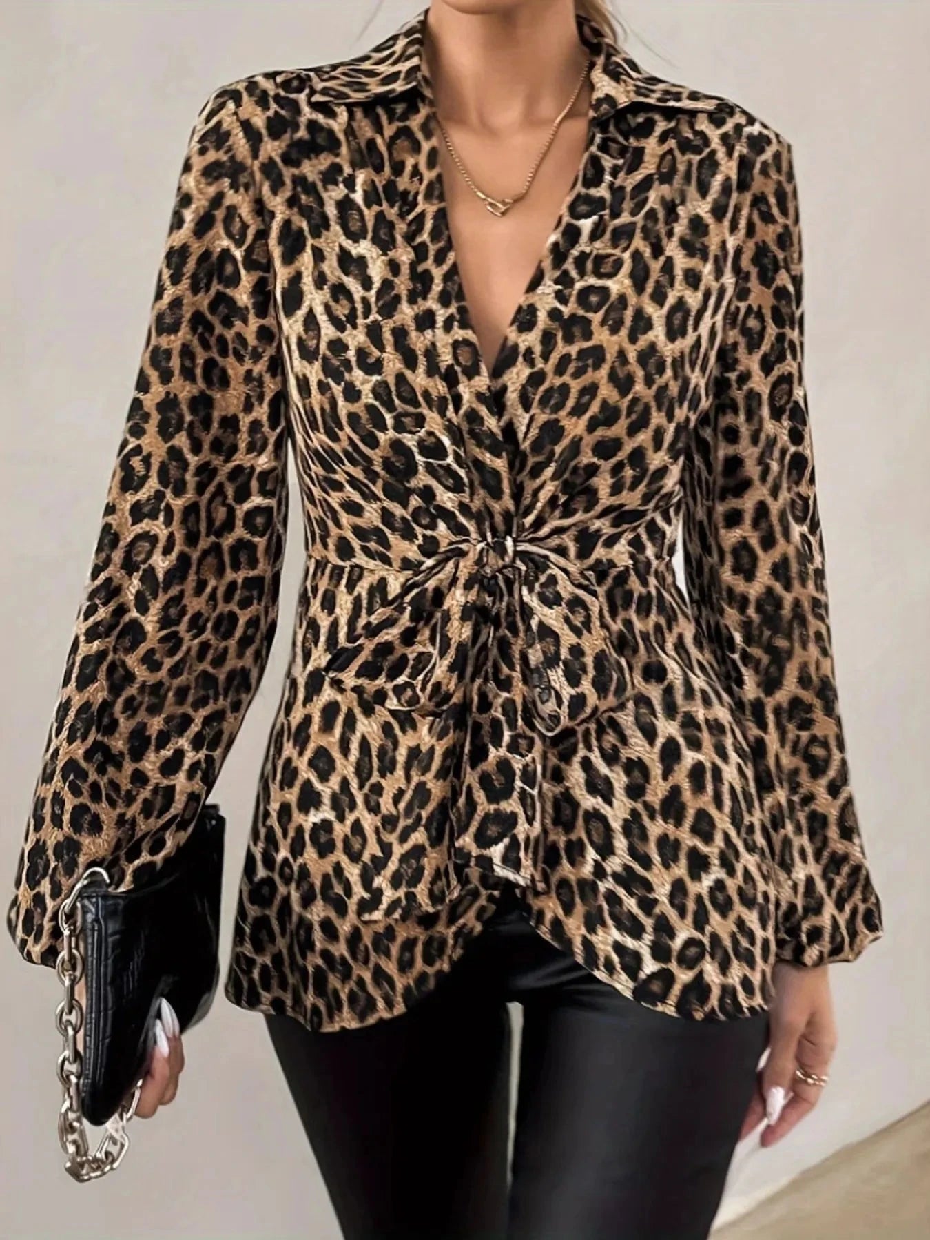 Leopard Tie Front Long Sleeve Blouse