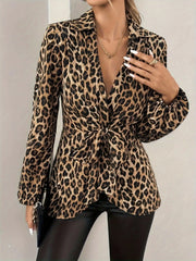 Leopard Tie Front Long Sleeve Blouse
