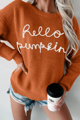 Letter Graphic Round Neck Long Sleeve Sweater Terracotta / S