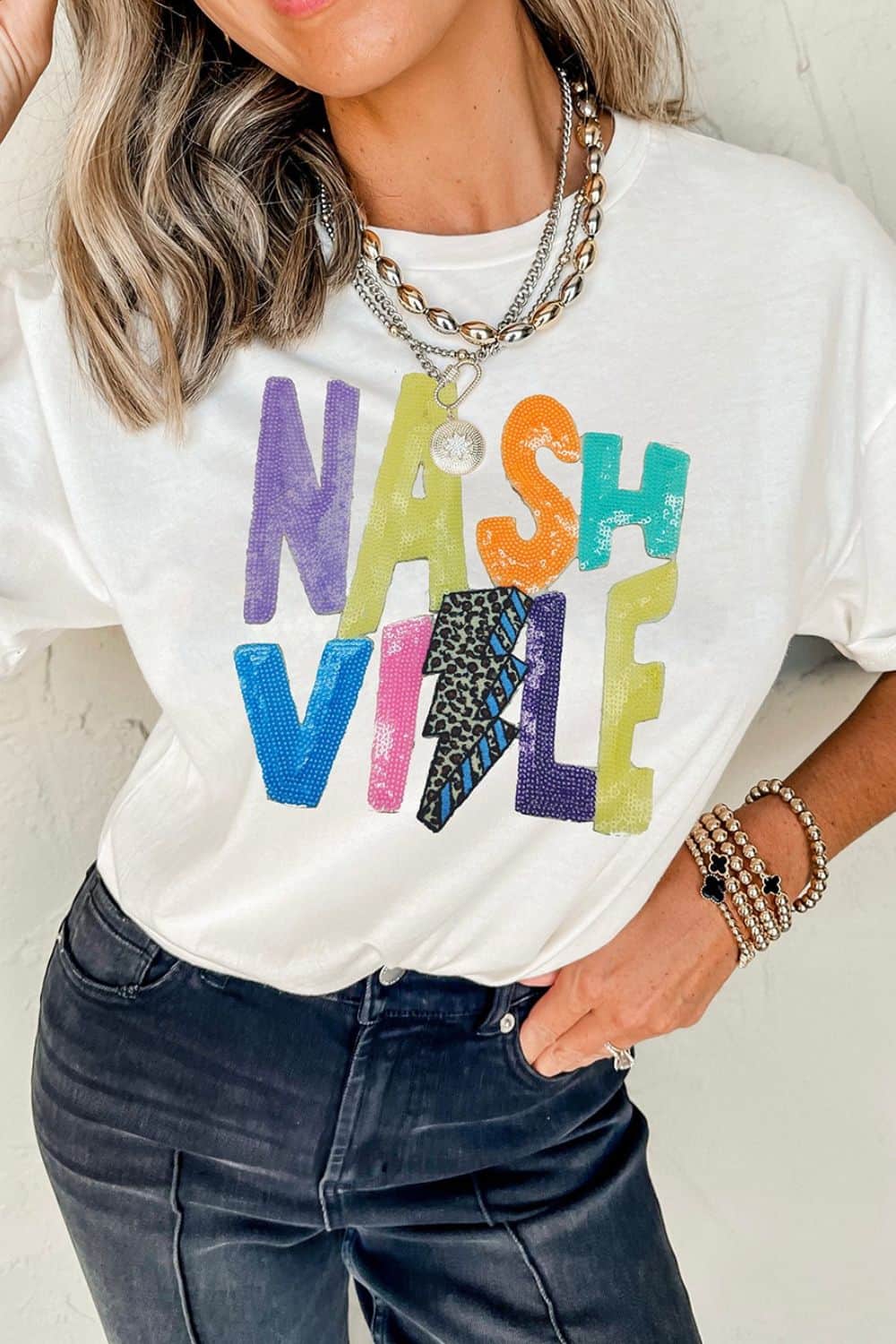 Lightening NASHVILLE Sequin Round Neck T-Shirt White / 2XL