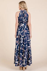 Lime 'N' Chili Abstract Halter Neck Tie-Waist Tiered Maxi Dress
