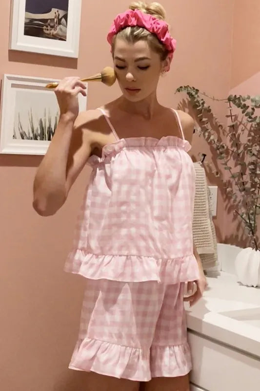 Lime 'N' Chili Gingham Ruffle Trim Cami and Shorts Pajama Set PINK / S