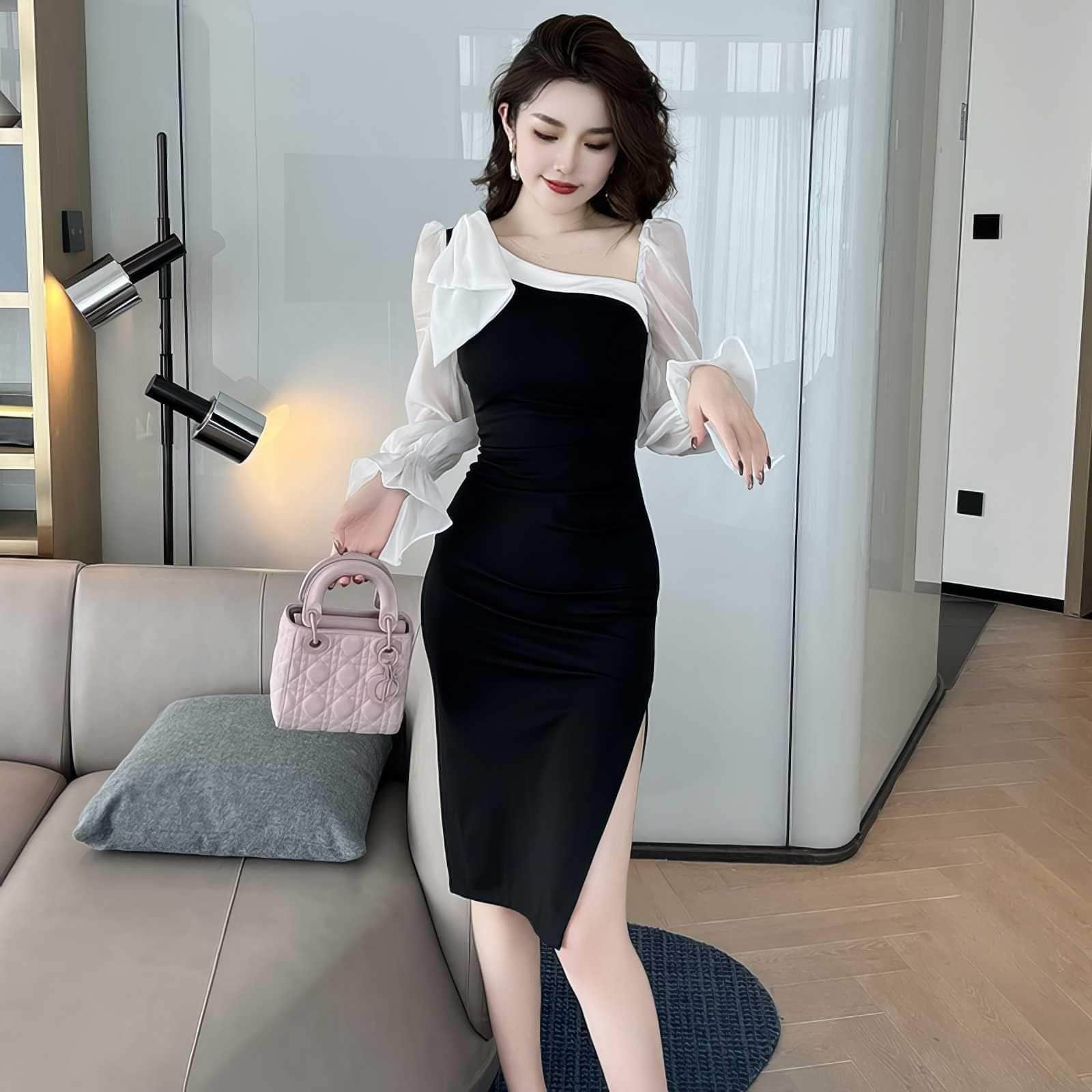 Long Flared Sleeves Asymmetrical Column Dress