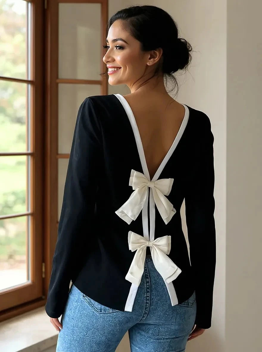 Long Sleeve Bow Tie Back T-Shirt Black/White / S