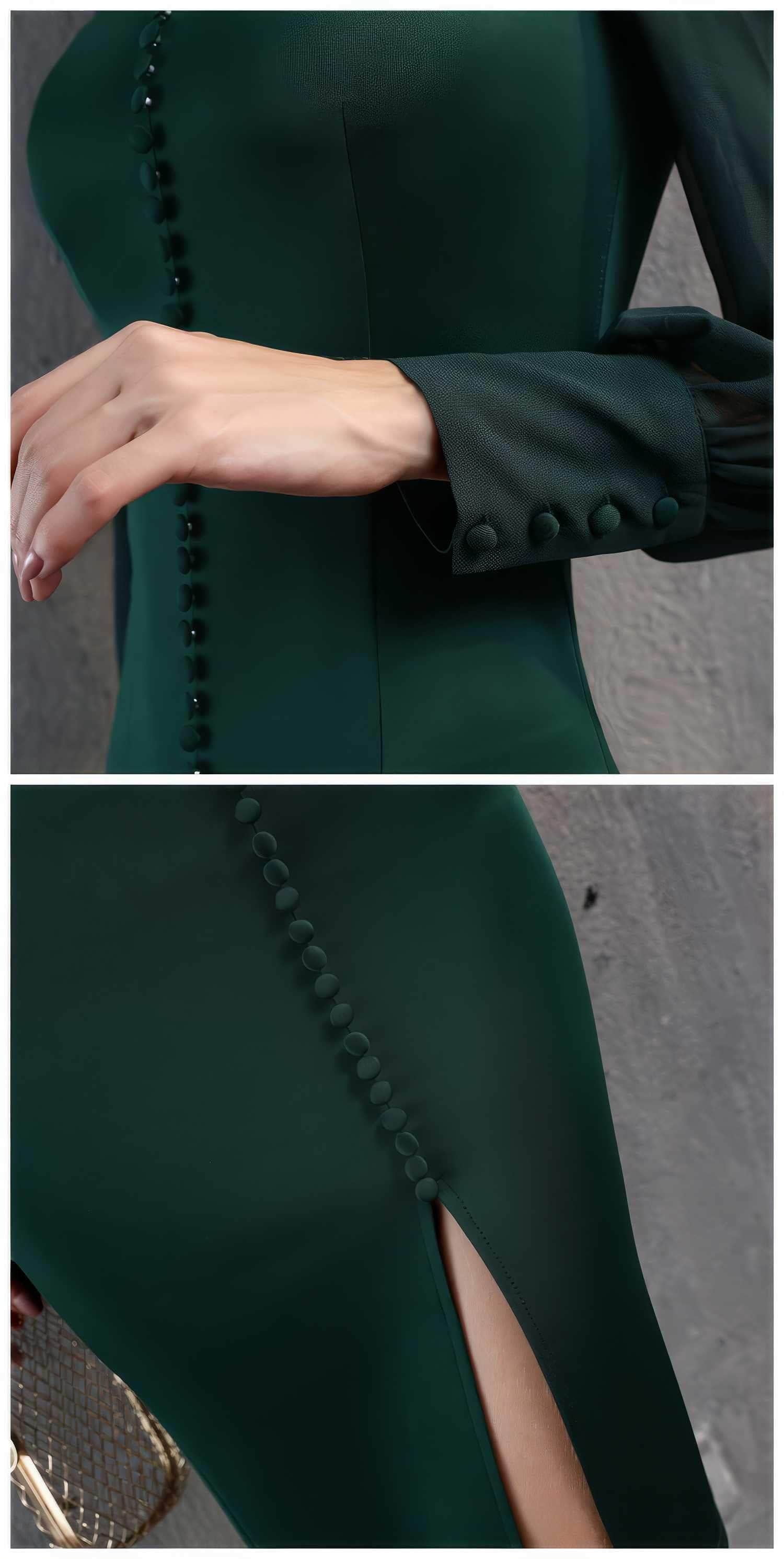 Long Sleeve Button Accent Sheath Slit Midi Dress