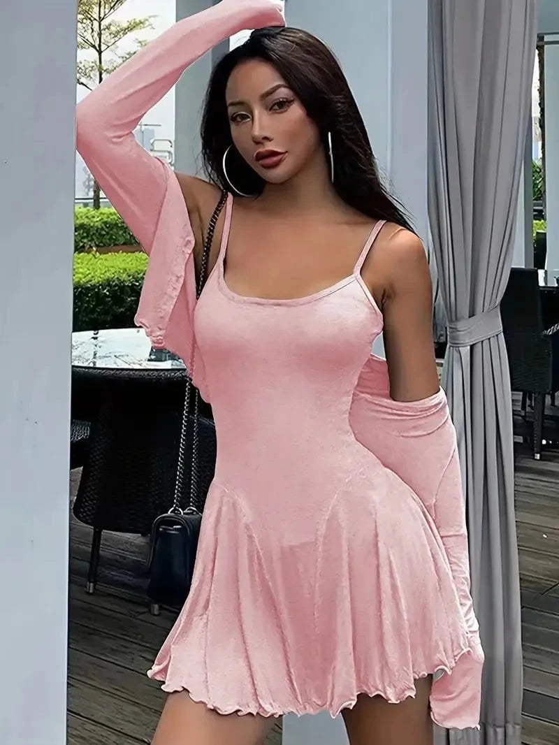 Long Sleeve Crop Top and Cami Dress Set