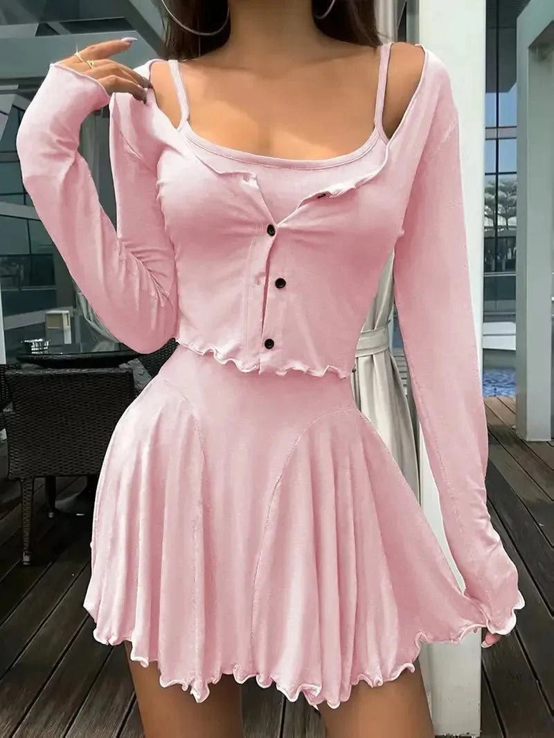 Long Sleeve Crop Top and Cami Dress Set Blush Pink / S
