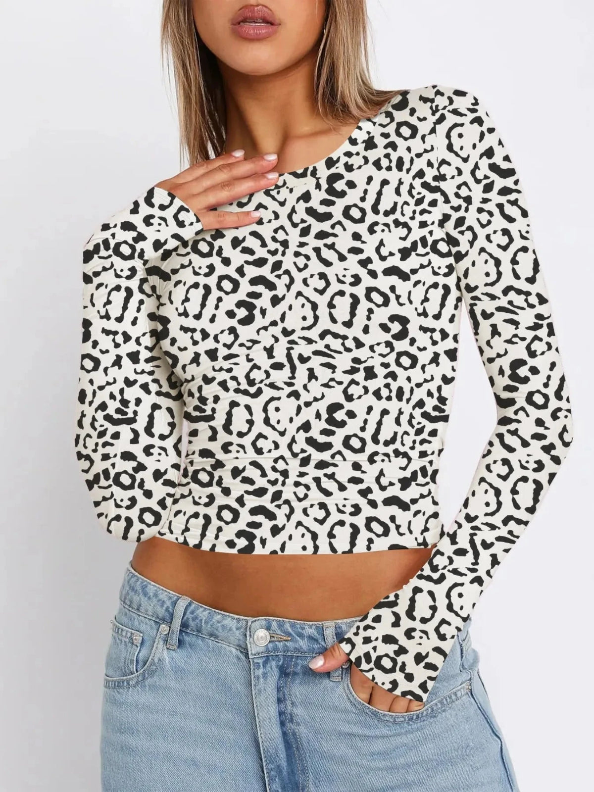 Long Sleeve Cropped T-Shirt Cow Print / S
