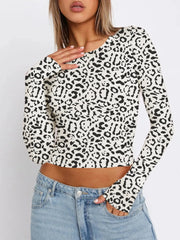 Long Sleeve Cropped T-Shirt Cow Print / S