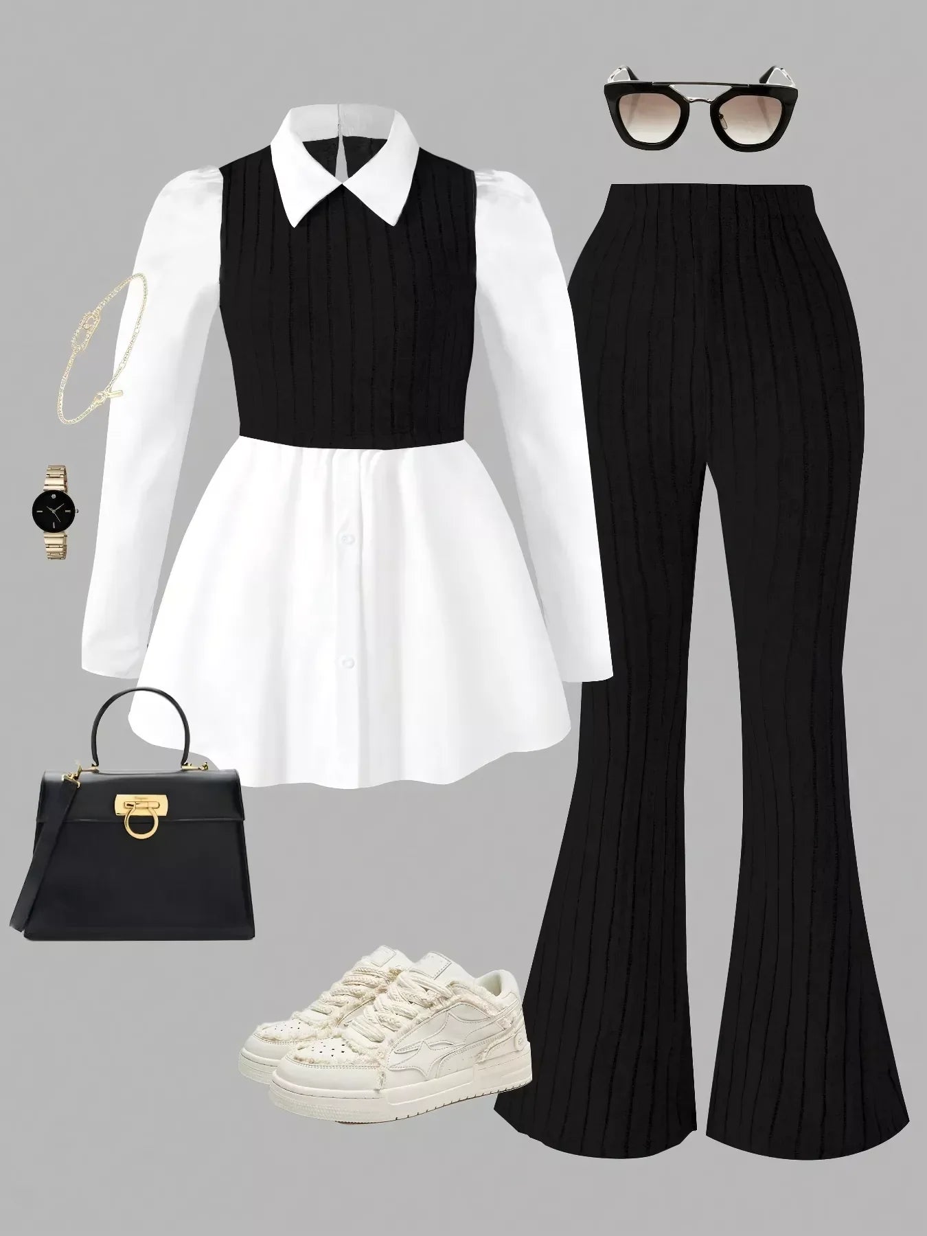 Long Sleeve Peplum Top and Pants Set Black / S