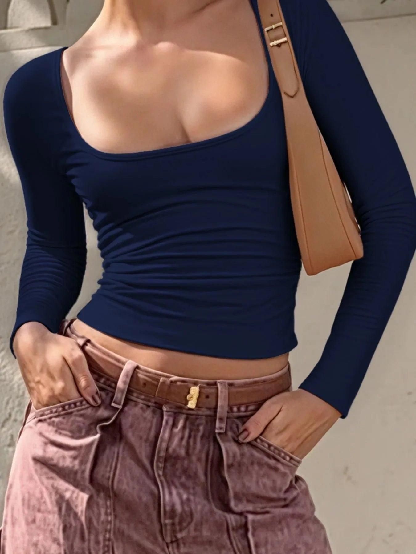 Long Sleeve Scoop Neck Fitted T-Shirt Navy Blue / S