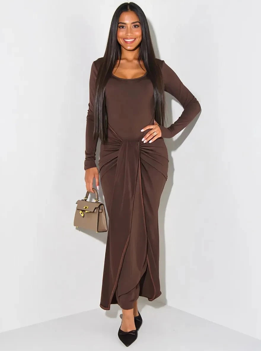 Long Sleeve Tie-Front Bodycon Maxi Dress Dark Brown / S