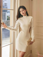 Long Sleeve Turtleneck cut Out Mini Dress S / White