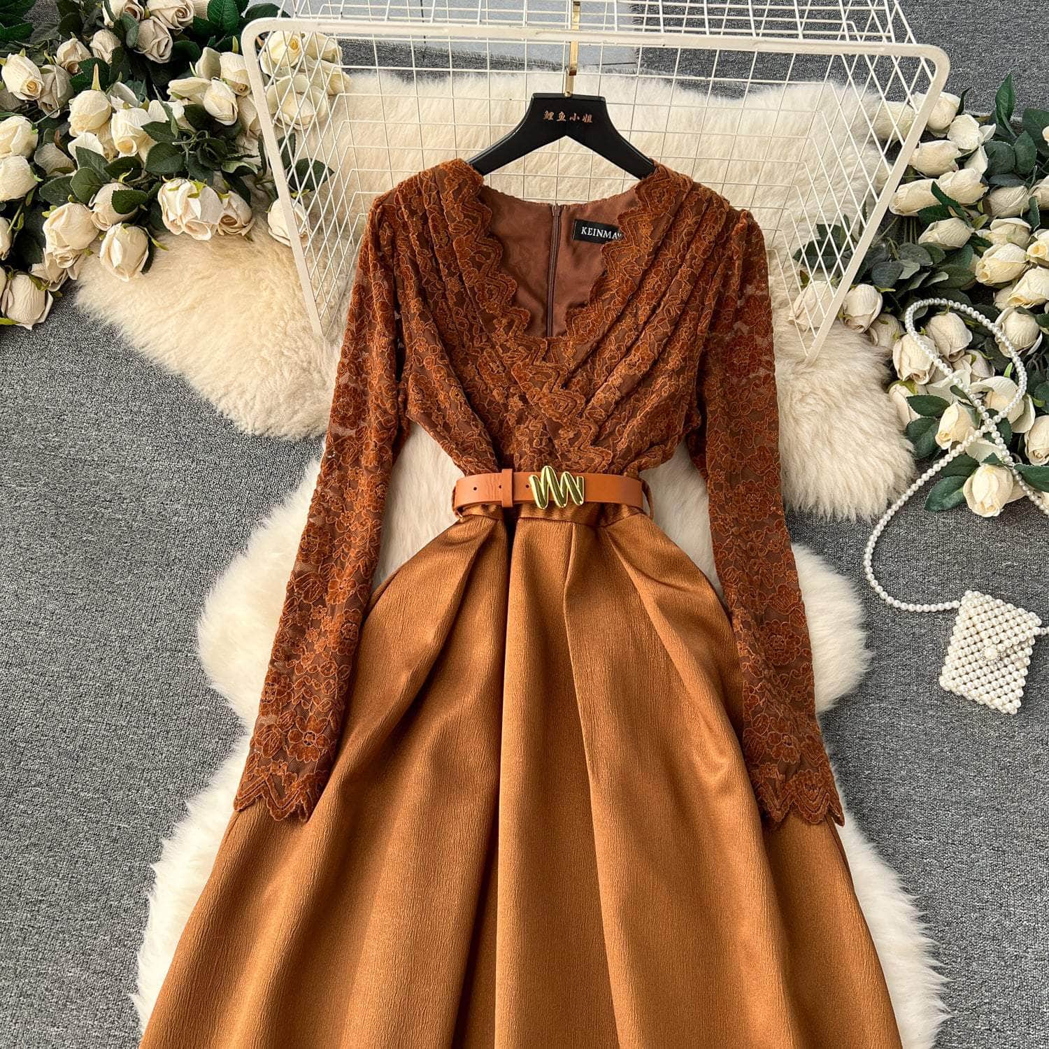 Long Sleeves Lace Maxi Pleated Dress