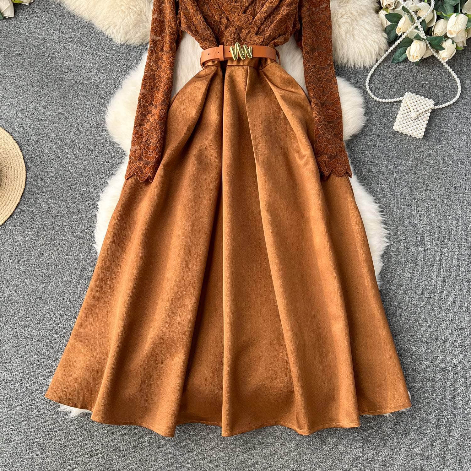 Long Sleeves Lace Maxi Pleated Dress