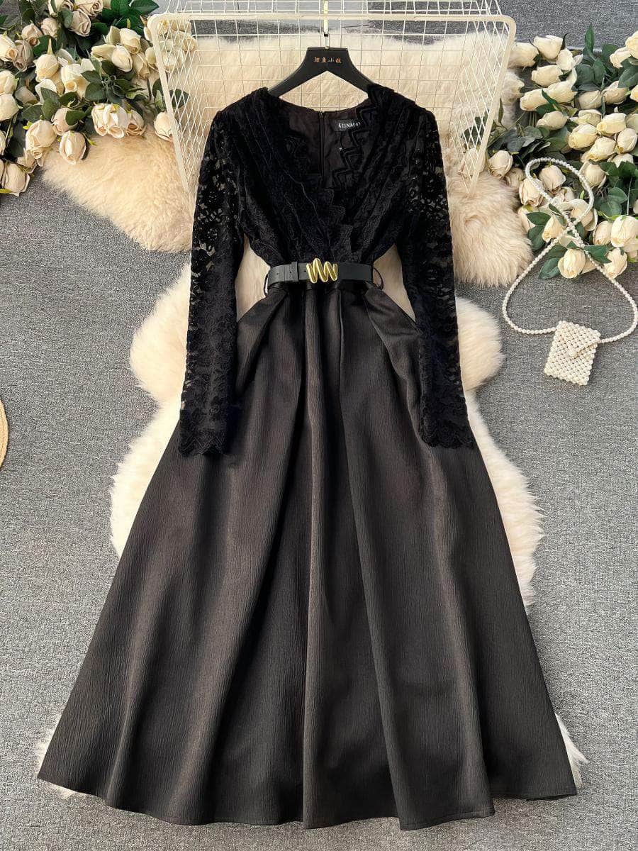 Long Sleeves Lace Maxi Pleated Dress S / Black
