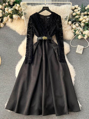Long Sleeves Lace Maxi Pleated Dress S / Black