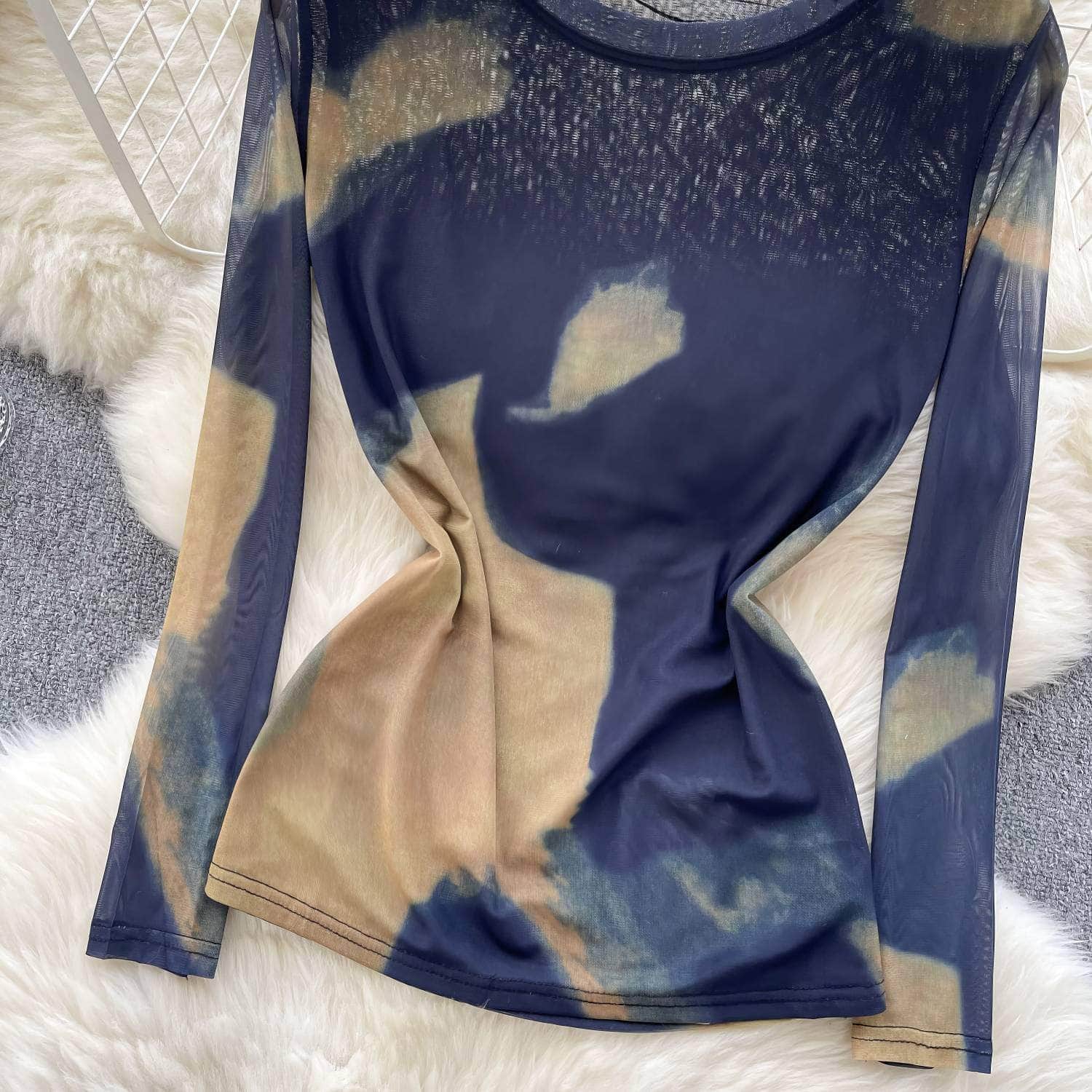 Long Sleeves Tie-Dye Print Mesh Top