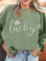 LUCKY Rhinestone Round Neck Long Sleeve Sweatshirt Sage / S