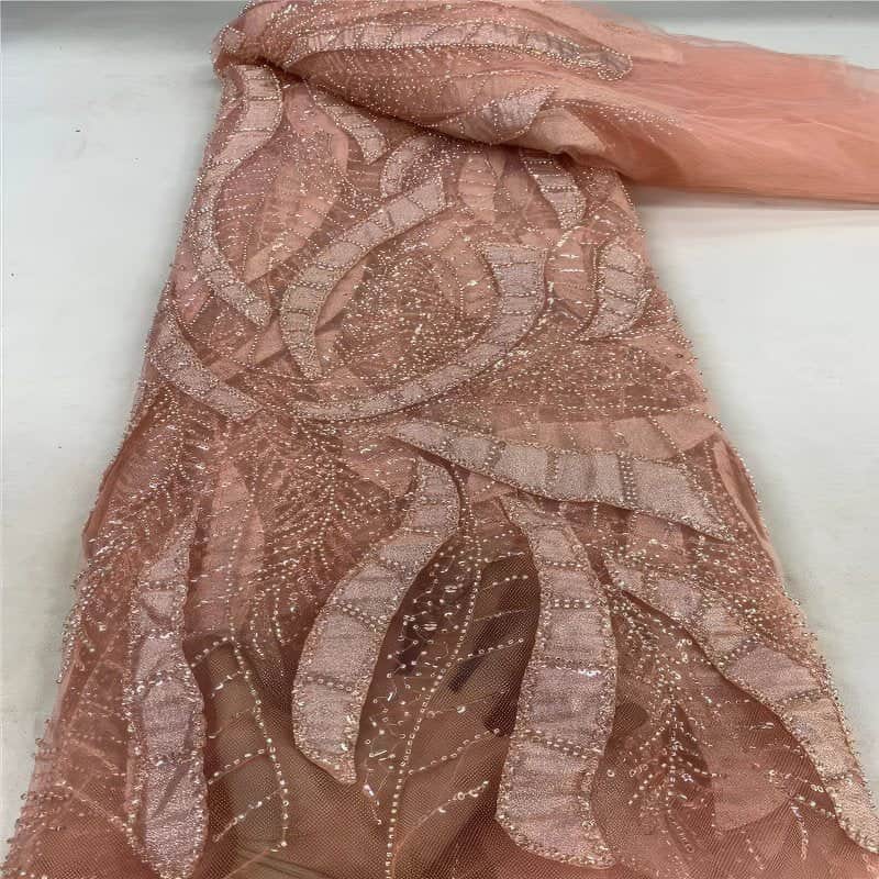 Luxurious African French Lace Beaded Detail Fabric K3J7P Pink