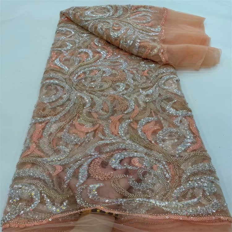 Luxurious African French Lace Sequin Detail Embroidered Fabric 7F2D9 Salmon / 5 yards