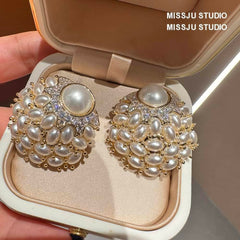 Luxurious Pearl Inlaid Paved Crystal Statement Deco Earrings Gold