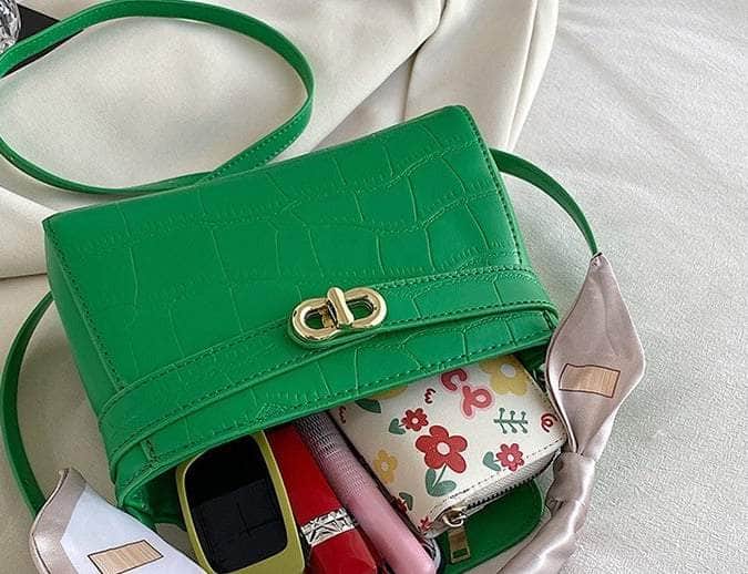 Luxurious Square Bag with Mini Crocodile Embossed Silk Scarf