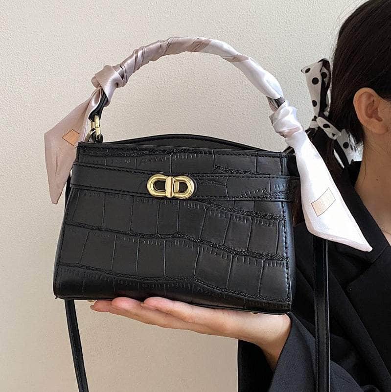 Luxurious Square Bag with Mini Crocodile Embossed Silk Scarf Black