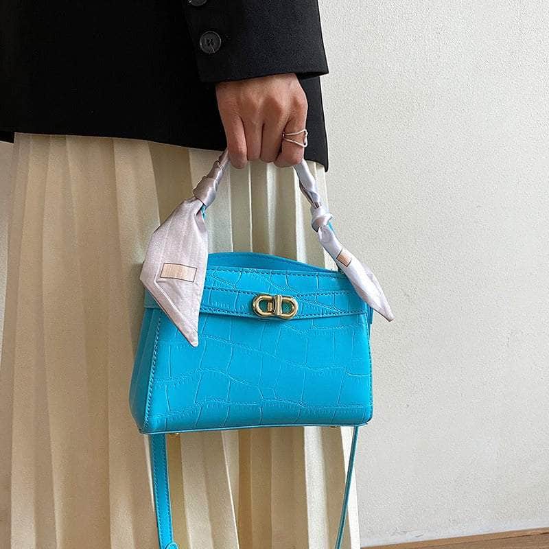 Luxurious Square Bag with Mini Crocodile Embossed Silk Scarf Blue