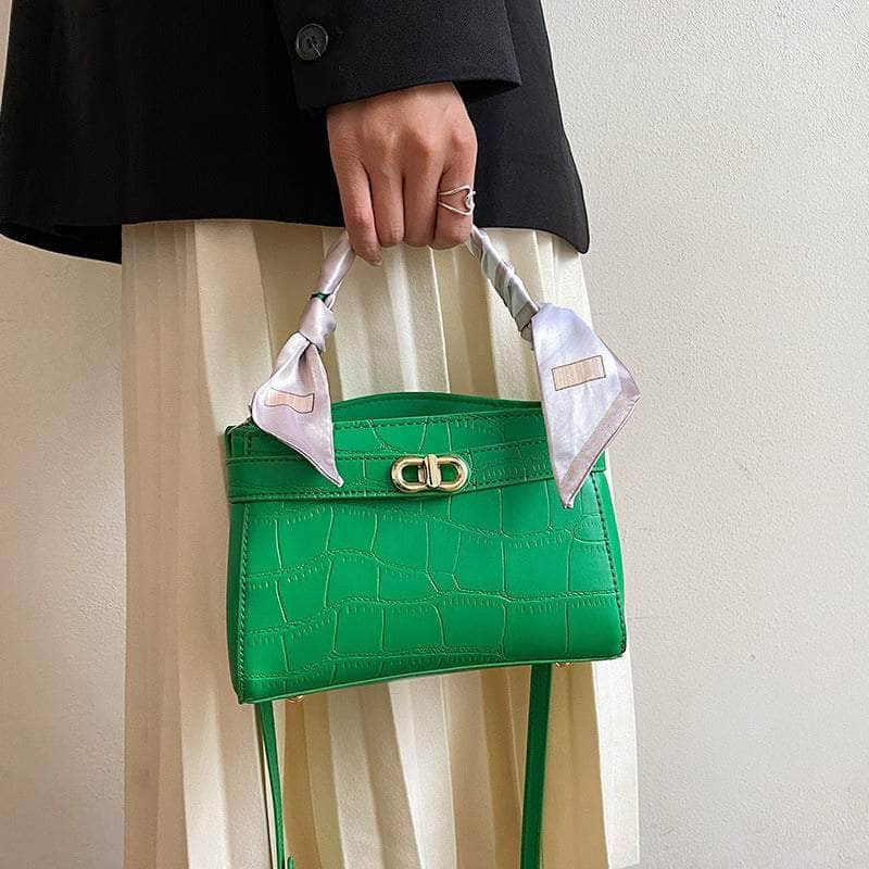 Luxurious Square Bag with Mini Crocodile Embossed Silk Scarf Green
