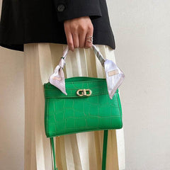 Luxurious Square Bag with Mini Crocodile Embossed Silk Scarf Green