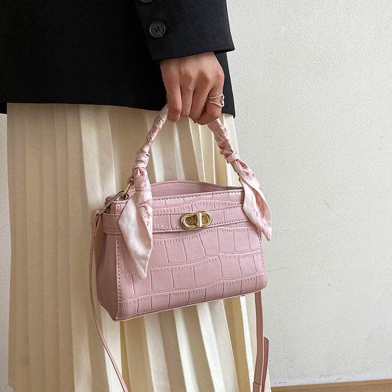Luxurious Square Bag with Mini Crocodile Embossed Silk Scarf Pink