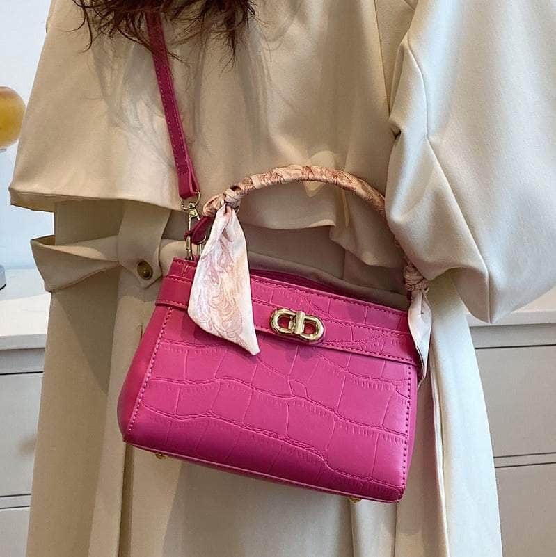 Luxurious Square Bag with Mini Crocodile Embossed Silk Scarf Rose