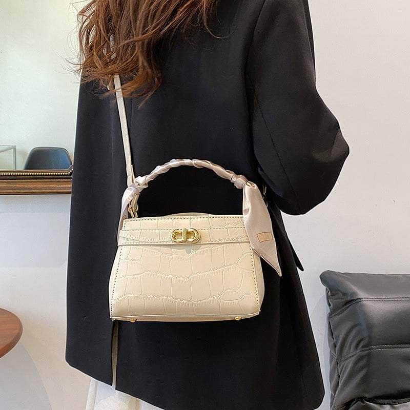 Luxurious Square Bag with Mini Crocodile Embossed Silk Scarf White