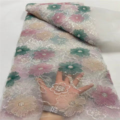 Luxury Embroidery Floral Mesh Lace Tulle Bead Decor Fabric-G5H6J DarkGreen / 5 yards
