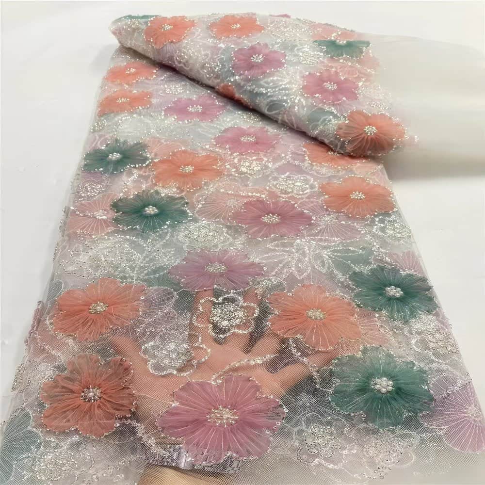 Luxury Embroidery Floral Mesh Lace Tulle Bead Decor Fabric-G5H6J Orange / 5 yards