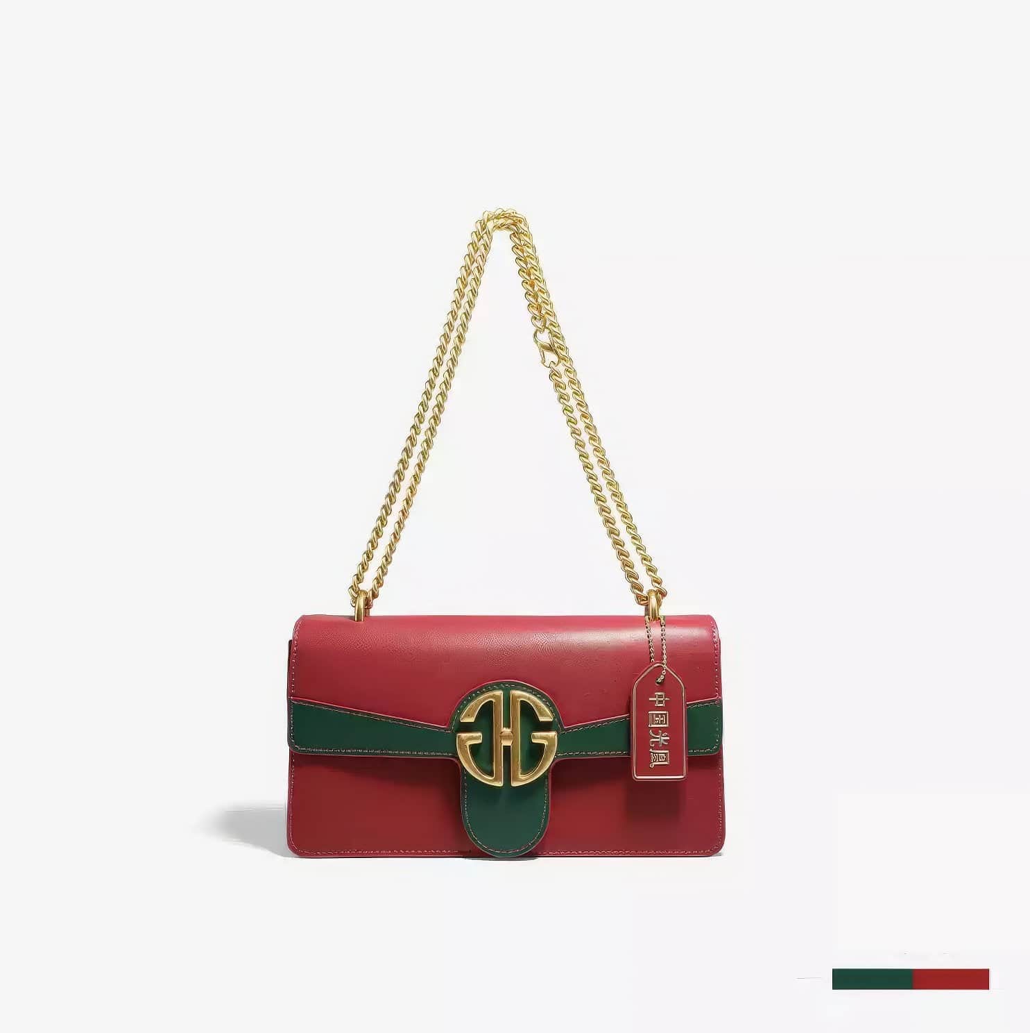 Luxury Leather Flap Gold Monogram Clasp Handbag Red
