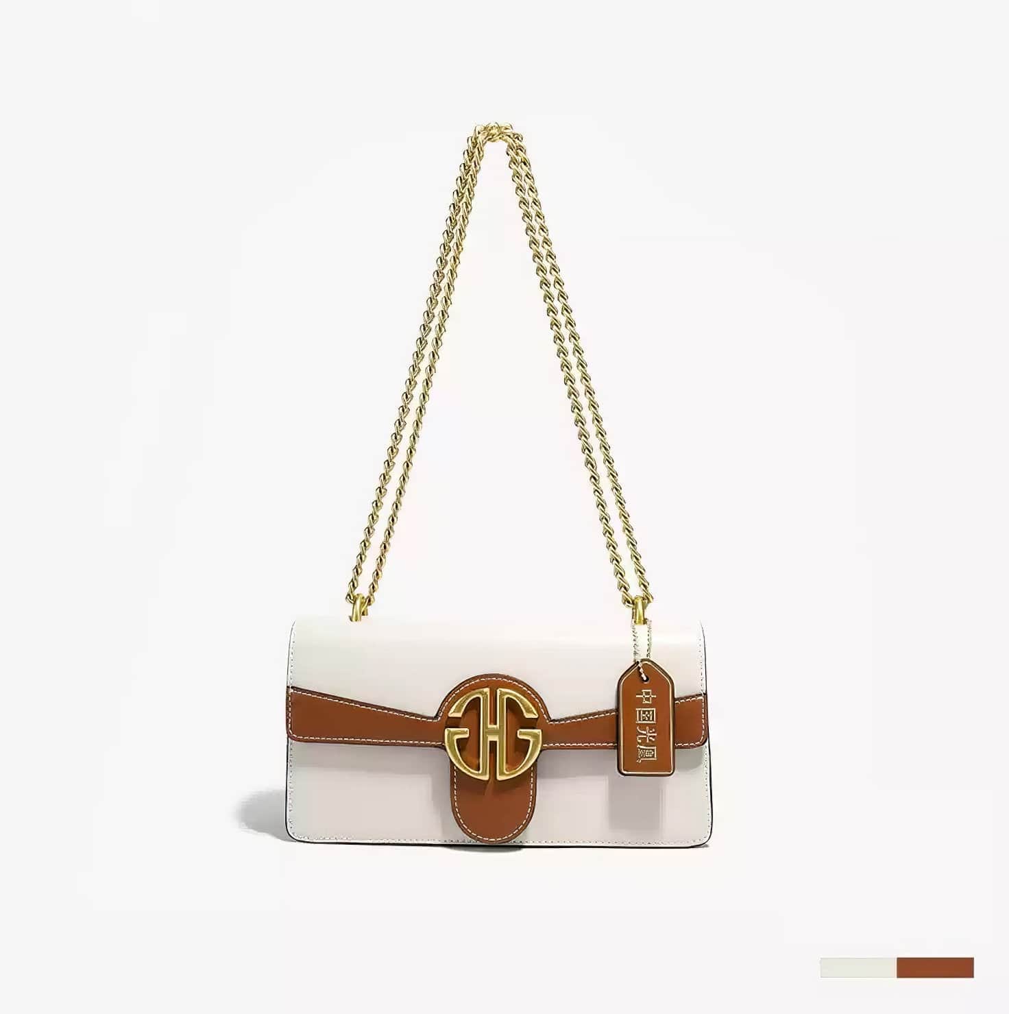 Luxury Leather Flap Gold Monogram Clasp Handbag White